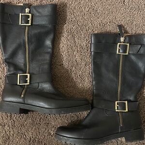 Vionic Black Leather Moto Boots with Gold Buckles